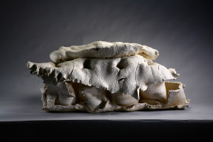 White form with body, 2003. Made at European Ceramic Work Centre (EKWC) in `s- Hertogenbosch, The Netherlands. White stoneware clay, thin layer of coarse clay body on top of a coarse clay body. Pushing the clay from within allowed a characteristic voluminous form and stretched structure to arise. Number of coats of terra sigillata sprayed on the surface. Gas kiln. W 117 x D 80 x H 52 cm. Private collection. Photo: IT Park Photographic Studio Ming-chih HUNG