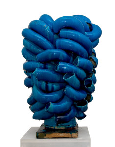Stack, turquoise, 2010. White earthenware clay, extruded pipe elements roughly modelled together in centre of stack around a wheel-thrown bottom center cone, alkaline frit-based copper oxide Egyptian blue glaze, the darker parts also contain cobalt carbonate. The low viscosity of the glaze clearly reveals all the details in the body underneath, kiln shelf, electric- fired. H 75 x Dia. 50 cm. Private collection, Oslo, Norway. Photo: Thomas Tveter