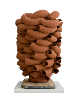 Stack, terracotta, 2010. English terracotta clay (Evans), extruded pipe elements roughly modelled together in centre of stack around a wheel-thrown bottom centre cone, unglazed, sandblasted when dry, electric-fired. H 80 x Dia. 50 cm. Private collection. Photo: Thomas Tveter